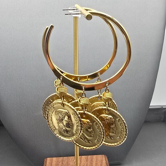 VTG Gold Coin Napoleon Empereur Dangle Hoop Post Earrings 3" Statement 1980s - Picture 10 of 10